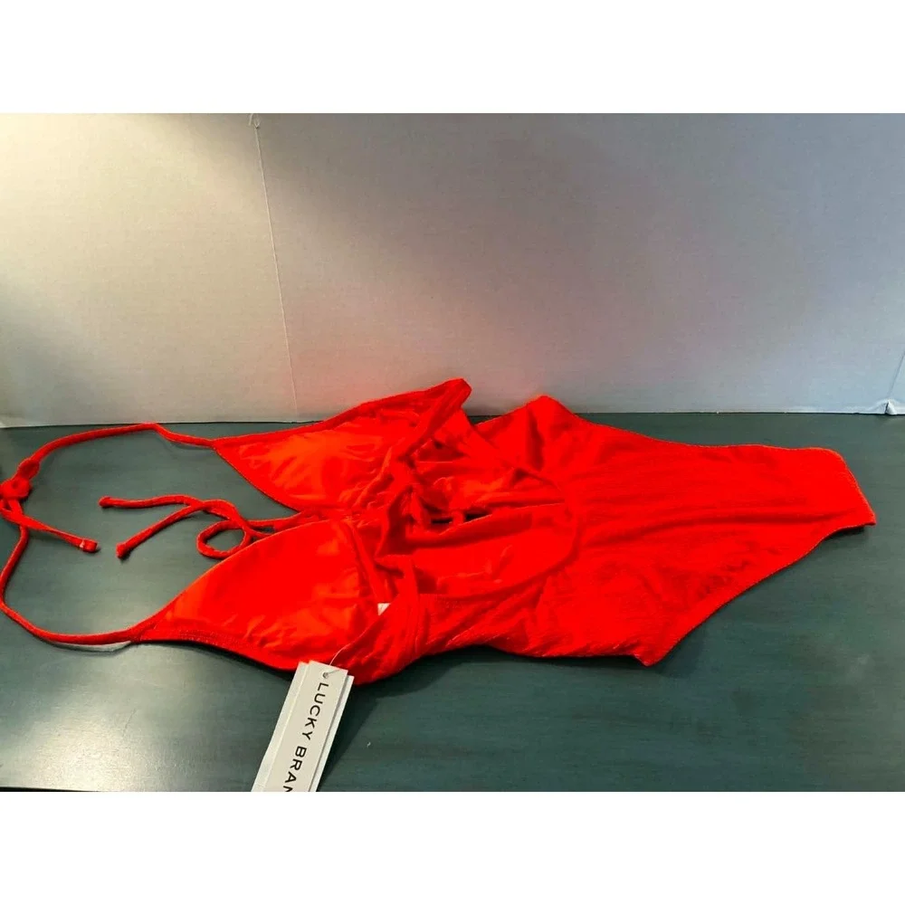 Lucky Brand Textured One Piece Swimsuit Women's Medium Red Halter Lace Up Monoki
